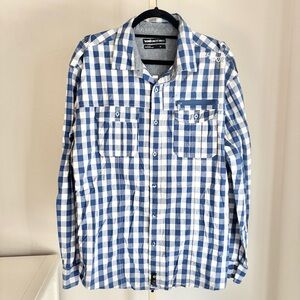Eckō Unltd Long Sleeve Blue & White Checkered Button Down Shirt Cotton, XL